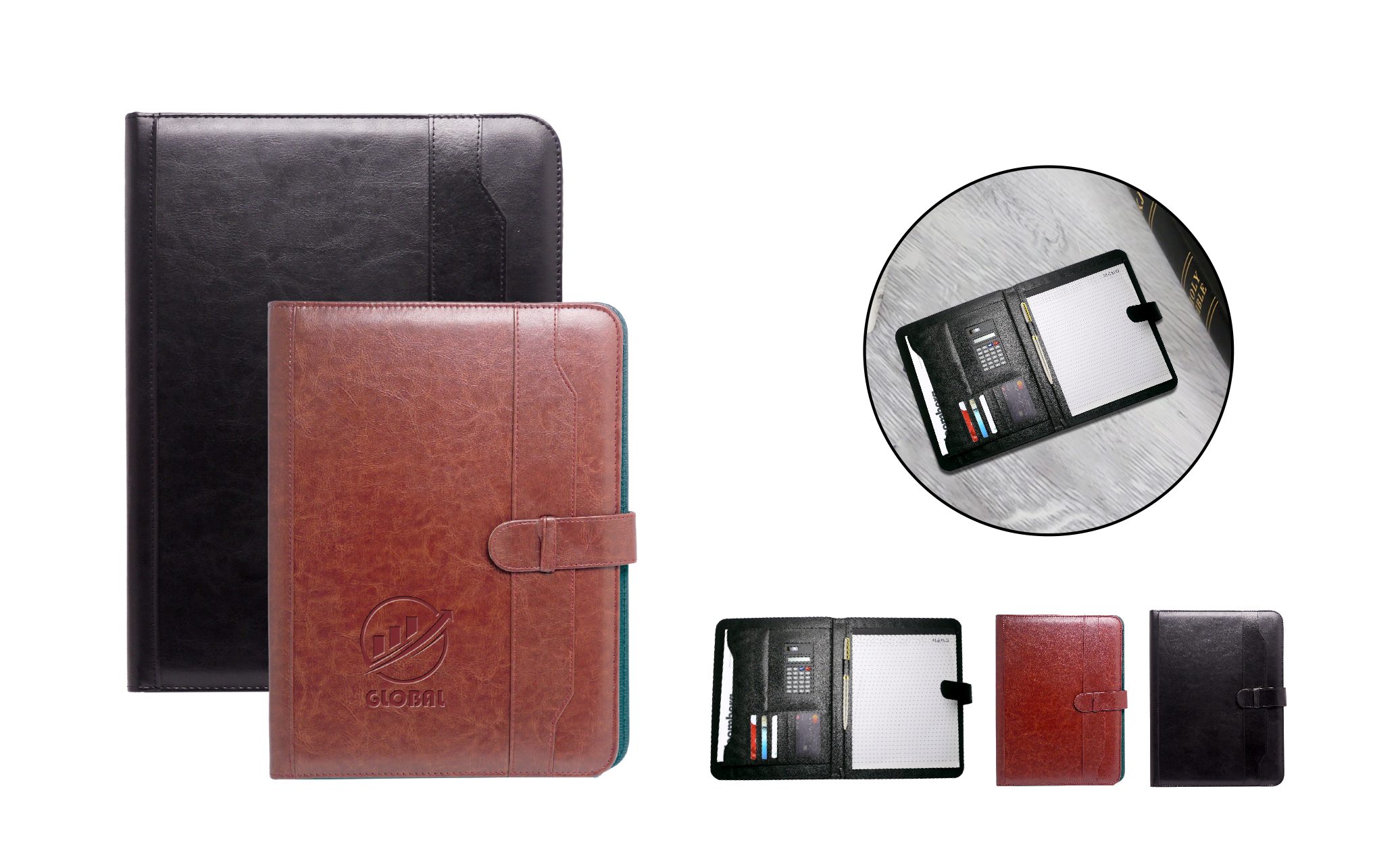 Leather A4 portfolio with solar powered calculator