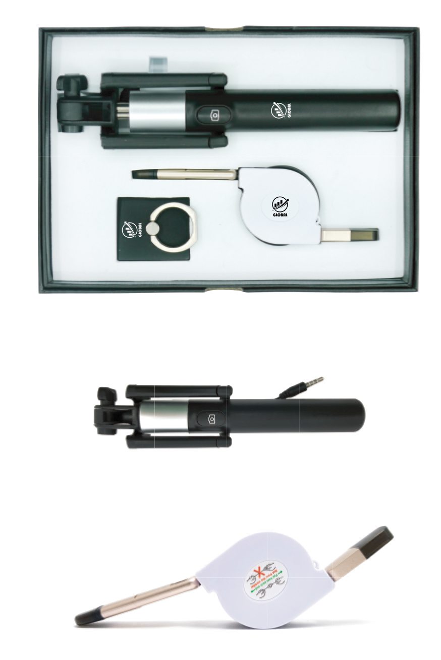 Gift set with selﬁe stick, expandable cable and a metal mobile holder