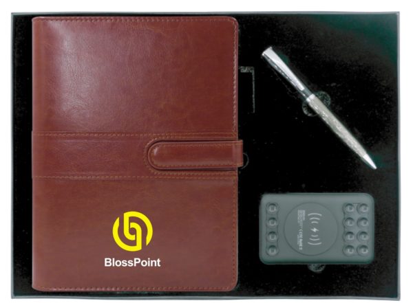 Gift set PU Leather Organiser, Metal Pen & 5000mAh wireless power bank suction