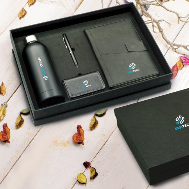 Gift set with notebook metal pen card holder thermal bottle