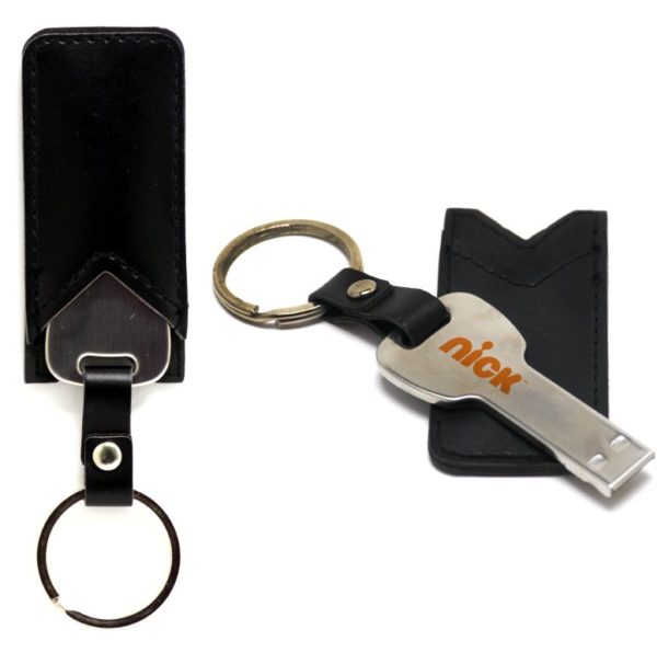 Stainless steel key USB with a leather pouch