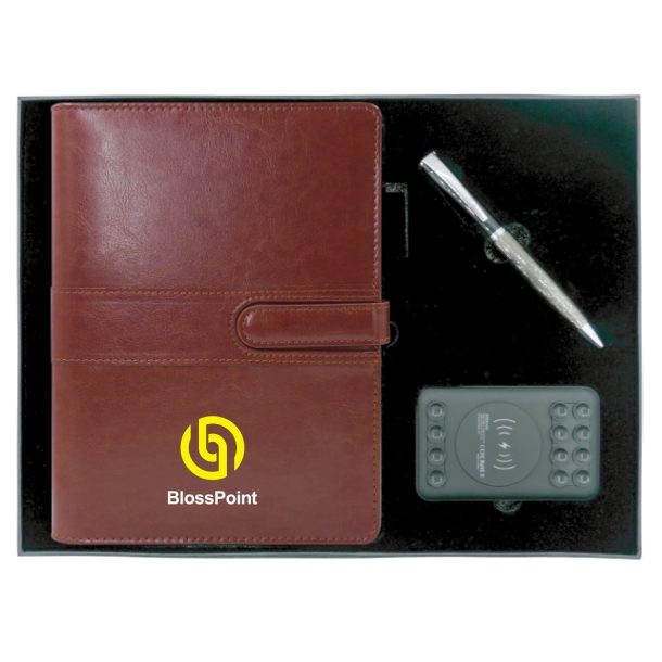 Gift set PU Leather Organiser, Metal Pen & wireless power bank suction