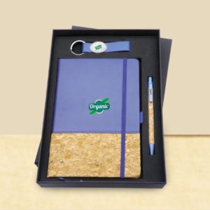 Gift set with A5 PU Cork Notbook, Cork pen & Leather Keychain Colour : Blue