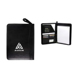 Leather A4 zipper portfolio with solar powered calculator