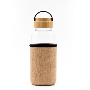 "Sustainable 1L glass bottle with bamboo lid and jute sleeve, an eco-friendly choice for beverages on the go."